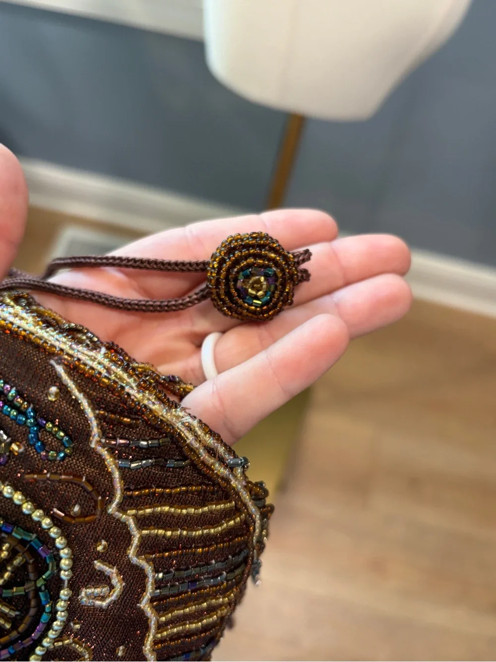 Vintage Hand Beaded Drawstring Purse Brown Fringe Evening Bag Boho